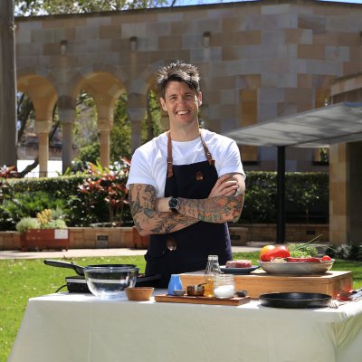 Ben Milbourne filming in The University of Queensland Great Court